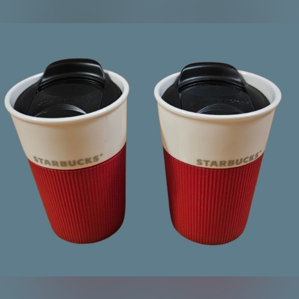 NWOT Rare Starbucks White Bone China Travel Tumblers Red Silicone Set Of 2 2011